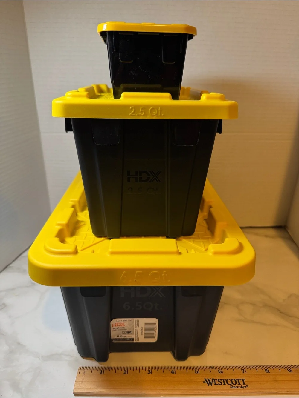 3 Black Storage Bins with Yellow Lid - Durable Stackable Organizer- New